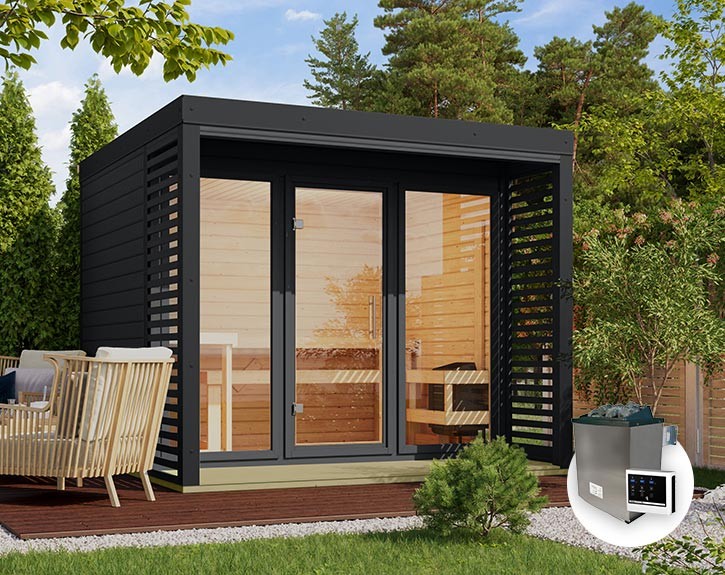 Karibu Gartensauna Ares 3 + 9kW Saunaofen + externe Steuerung - 38mm Hybrid-Saunahaus - Flachdach - anthrazit/anthrazit