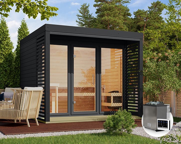 Karibu Gartensauna Ares 3 + 9kW Bio-Kombiofen + externe Steuerung - 38mm Hybrid-Saunahaus - Flachdach - anthrazit/anthrazit