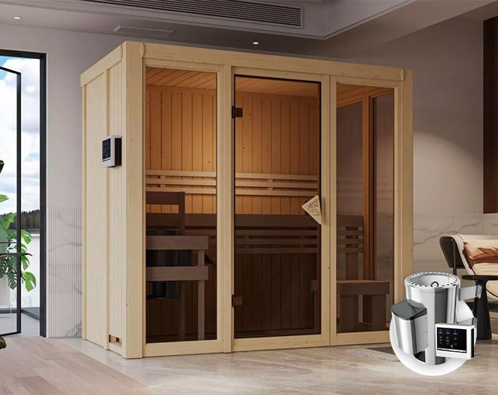 Karibu Innensauna Irava 2 + Glasfront + Superior-Ausstattung + 3,6kW Plug&Play Saunaofen + externe Steuerung - 68mm Systemsauna