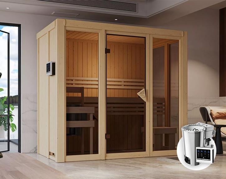 Karibu Innensauna Irava 2 + Glasfront + Superior-Ausstattung + 3,6kW Plug&Play Bio-Kombiofen + externe Steuerung - 68mm Systemsauna