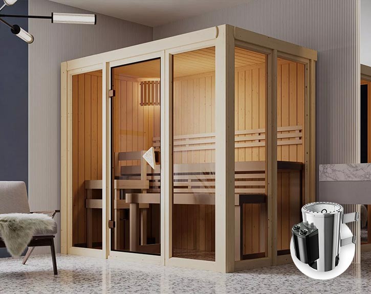 Karibu Innensauna Irava 3 + Glasfront + Superior-Ausstattung + 3,6kW Plug&Play Saunaofen + integrierte Steuerung - 68mm Systemsauna