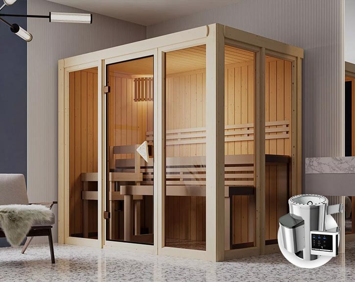 Karibu Innensauna Irava 3 + Glasfront + Superior-Ausstattung + 3,6kW Plug&Play Saunaofen + externe Steuerung - 68mm Systemsauna