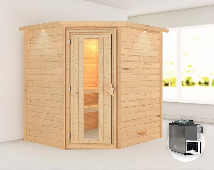 Karibu Innensauna Mia + Dachkranz + 9kW Bio-Kombiofen + externe Steuerung Easy bio - 38mm Blockbohlensauna - Energiespartür - Ecksauna