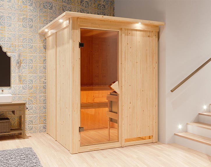 Karibu Innensauna Minja + Dachkranz - 68mm Elementsauna - Ganzglastür bronziert - 230V Sauna