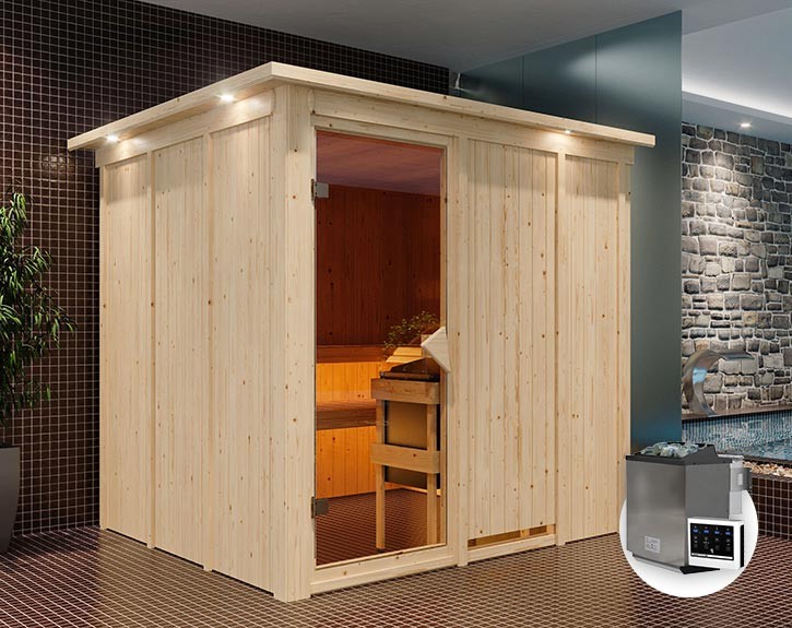 Karibu Innensauna Rodin + Dachkranz + 9kW Bio-Kombiofen + externe Steuerung Easy bio - 68mm Elementsauna - Ganzglastür bronziert