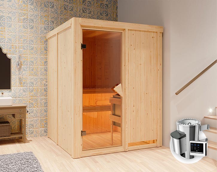 Karibu Innensauna Minja + 3,6kW Plug&Play Saunaofen + externe Steuerung Easy - 68mm Elementsauna - Ganzglastür bronziert - 230V Sauna