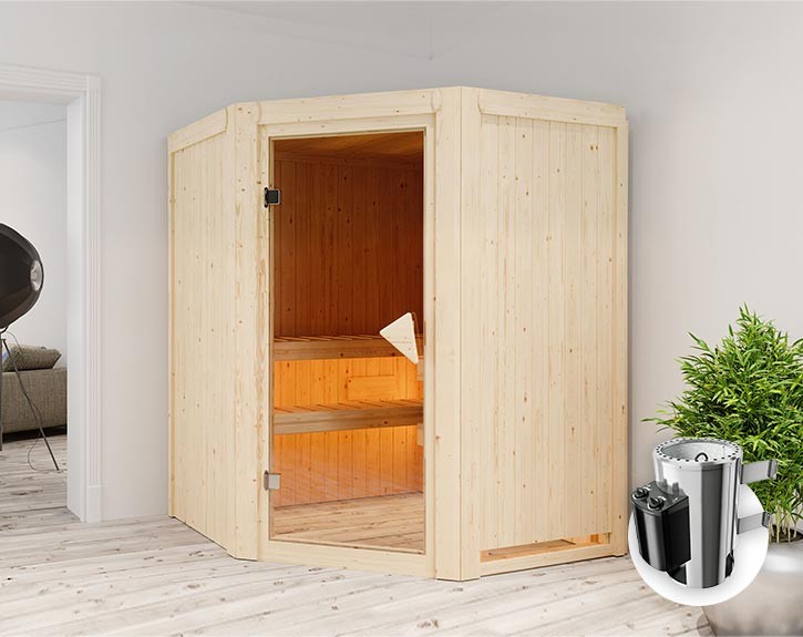 Karibu Innensauna Nanja + 3,6kW Plug&Play Saunaofen + integrierte Steuerung - 68mm Elementsauna Nanja - Ganzglastür bronziert - Ecksauna - 230V Sauna