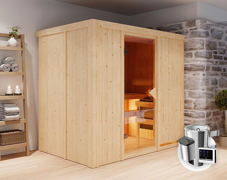 Karibu Innensauna Fanja + 3,6kW Plug&Play Saunaofen + externe Steuerung Easy - 68mm Elementsauna - Ganzglastür bronziert - 230V Sauna