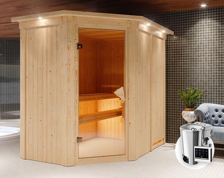 Karibu Innensauna Saja + Dachkranz + 3,6kW Plug&Play Bio-Kombiofen + externe Steuerung Easy Bio - 68mm Elementsauna - Ganzglastür bronziert - 230V Sauna - Ecksauna