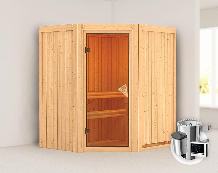 Karibu Innensauna Tonja + 3,6kW Plug&Play Saunaofen + externe Steuerung Easy - 68mm Elementsauna - Ganzglastür bronziert - Ecksauna - 230V Sauna