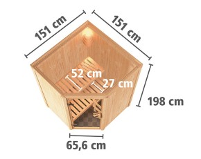 Karibu Innensauna Larin + 9kW Saunaofen + integrierte Steuerung - 68mm Elementsauna - Ganzglastür graphit - Ecksauna