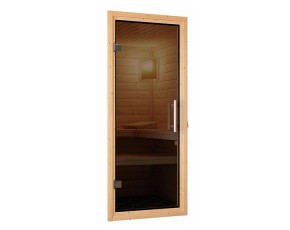 Karibu Innensauna Gobin + Dachkranz + 9kW Saunaofen + externe Steuerung Easy - 68mm Elementsauna - Ganzglastür graphit