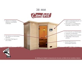 Karibu Innensauna Sahib 2 + Comfort-Ausstattung + 9kW Saunaofen + integrierte Steuerung - 38mm Blockbohlensauna - Energiespartür - Ecksauna