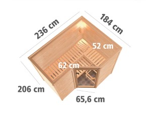 Karibu Innensauna Sahib 2 + Comfort-Ausstattung + 9kW Saunaofen + integrierte Steuerung - 38mm Blockbohlensauna - Energiespartür - Ecksauna