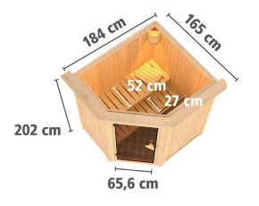 Karibu Innensauna Taurin + Dachkranz + 9kW Bio-Kombiofen + externe Steuerung - 68mm Elementsauna - Energiespartür - Ecksauna