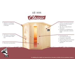 Karibu Innensauna Variado + Dachkranz + 9kW Saunaofen + integrierte Steuerung - 68mm Systemsauna - Energiespartür