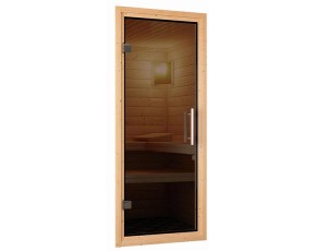 Karibu Innensauna Variado + Dachkranz + 9kW Bio-Kombiofen + externe Steuerung - 68mm Systemsauna - Ganzglastür graphit