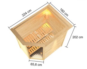 Karibu Innensauna Svea + Dachkranz - 38mm Blockbohlensauna - Energiespartür - Ecksauna