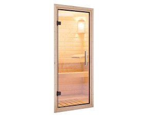 Karibu Innensauna Titania 4 + 9kW Saunaofen + externe Steuerung Easy + abgerundete Ecke - 68mm Elementsauna - Ganzglastür klar