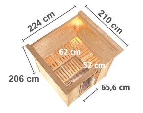 Karibu Innensauna Mojave + Comfort-Ausstattung + Dachkranz + 9kW Saunaofen + integrierte Steuerung - 38mm Blockbohlensauna - Ganzglastür klar