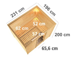 Karibu Innensauna Sonara + Comfort-Ausstattung + 9kW Saunaofen + externe Steuerung - 38mm Massivholzsauna - Ganzglastür klar