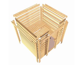 Karibu Innensauna Sahib 2 + Comfort-Ausstattung + 9kW Saunaofen + externe Steuerung Easy - 38mm Blockbohlensauna - Ganzglastür klar - Ecksauna