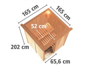 Karibu Innensauna Minja + Dachkranz + 3,6kW Plug&Play Saunaofen + integrierte Steuerung - 68mm Elementsauna - Ganzglastür graphit - 230V Sauna