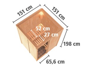 Karibu Innensauna Minja + 3,6kW Plug&Play Saunaofen + externe Steuerung Easy - 68mm Elementsauna - Ganzglastür klar - 230V Sauna