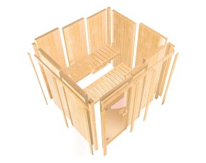 Karibu Innensauna Minja + Dachkranz - 68mm Elementsauna - Ganzglastür klar - 230V Sauna