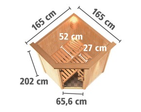 Karibu Innensauna Nanja + Dachkranz - 68mm Elementsauna Nanja - Ganzglastür graphit - Ecksauna - 230V Sauna