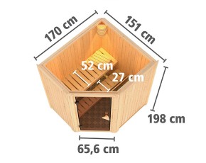 Karibu Innensauna Tonja + 3,6kW Plug&Play Saunaofen + externe Steuerung Easy - 68mm Elementsauna - Ganzglastür graphit - Ecksauna - 230V Sauna