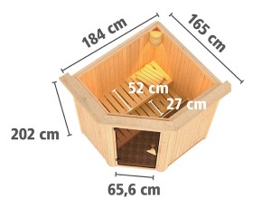 Karibu Innensauna Tonja + Dachkranz + 3,6kW Plug&Play Saunaofen + externe Steuerung Easy - 68mm Elementsauna - Ganzglastür graphit - Ecksauna - 230V Sauna