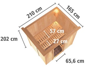 Karibu Innensauna Fanja + Dachkranz + 3,6kW Plug&Play Saunaofen + externe Steuerung Easy - 68mm Elementsauna - Ganzglastür graphit - 230V Sauna