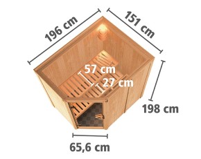 Karibu Innensauna Saja + 3,6kW Plug&Play Saunaofen + integrierte Steuerung - 68mm Elementsauna - Ganzglastür graphit - 230V Sauna - Ecksauna