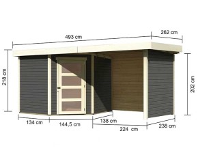 Karibu Holz-Gartenhaus Schwandorf 5 + 2,4m Anbaudach + Seiten + Rückwand - 19mm Elementhaus - 5-Eck-Gartenhaus - Flachdach - terragrau