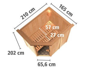 Karibu Innensauna Saja + Dachkranz + 3,6kW Plug&Play Saunaofen + externe Steuerung Easy - 68mm Elementsauna - Ganzglastür graphit - 230V Sauna - Ecksauna