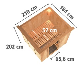 Karibu Innensauna Daria + Dachkranz + 3,6kW Plug&Play Saunaofen + externe Steuerung Easy - 68mm Systemsauna - Ganzglastür graphit - 230V Sauna