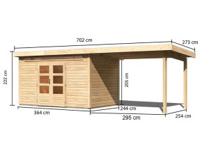 Karibu Holz-Gartenhaus Kandern 7 + 3,2m Anbaudach - 28mm Elementhaus - Pultdach - natur