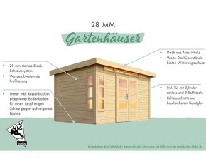 Karibu Holz-Gartenhaus Kandern 6 + 3,2m Anbaudach + Seiten + Rückwand - 28mm Elementhaus - Gartenhaus Lounge - Pultdach - natur