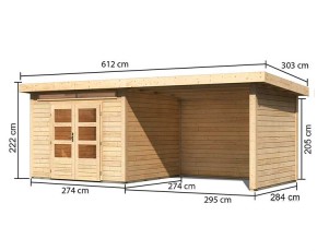 Karibu Holz-Gartenhaus Kandern 6 + 3,2m Anbaudach + Seiten + Rückwand - 28mm Elementhaus - Gartenhaus Lounge - Pultdach - natur