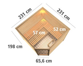 Karibu Innensauna Leona + 9kW Saunaofen + integrierte Steuerung - 38mm Blockbohlensauna - Energiespartür - Ecksauna