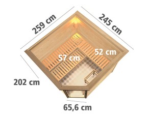 Karibu Innensauna Leona + Dachkranz + 9kW Saunaofen + integrierte Steuerung - 38mm Blockbohlensauna - Ganzglastür graphit - Ecksauna