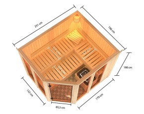 Karibu Innensauna Ainur 3 + Glasfront + Superior-Ausstattung + 9kW Saunaofen + externe Steuerung Easy - 68mm Elementsauna - Ecksauna