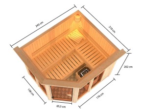 Karibu Innensauna Ainur 3 + Glasfront + Superior-Ausstattung + Dachkranz + 9kW Saunaofen + externe Steuerung Easy - 68mm Elementsauna - Ecksauna