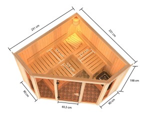 Karibu Innensauna Alcinda + Glasfront + Superior-Ausstattung + 9kW Saunaofen + externe Steuerung Easy - 68mm Elementsauna - Ecksauna