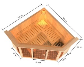 Karibu Innensauna Alcinda + Glasfront + Superior-Ausstattung + Dachkranz - 68mm Elementsauna - Ecksauna