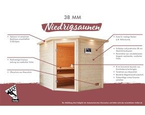 Karibu Innensauna Jada + Fenster + Dachkranz + 9kW Saunaofen + integrierte Steuerung - 38mm Blockbohlensauna - niedrige Deckenhöhe - Ecksauna