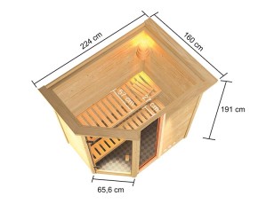 Karibu Innensauna Jada + Fenster + Dachkranz + 9kW Saunaofen + integrierte Steuerung - 38mm Blockbohlensauna - niedrige Deckenhöhe - Ecksauna