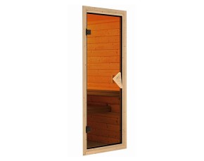 Karibu Innensauna Alcinda + Glasfront + Superior-Ausstattung + Dachkranz + 9kW Bio-Kombiofen + externe Steuerung Easy bio - 68mm Elementsauna - Ecksauna