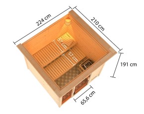 Karibu Innensauna Jutta + Fenster + Dachkranz + 9kW Bio-Kombiofen + externe Steuerung Easy bio - 38mm Blockbohlensauna - niedrige Deckenhöhe